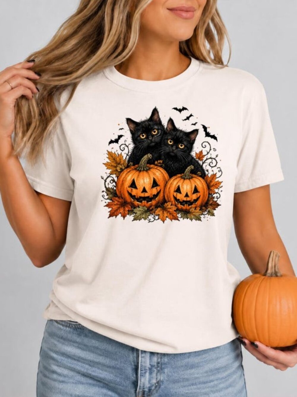 Halloween Black Cats Pumpkin Shirt, Cute Kittens Jack O Lantern Tee